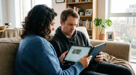 Un couple trentenaire assis sur leur canapé consulte une tablette ensemble, expression concentrée, appartement lumineux
