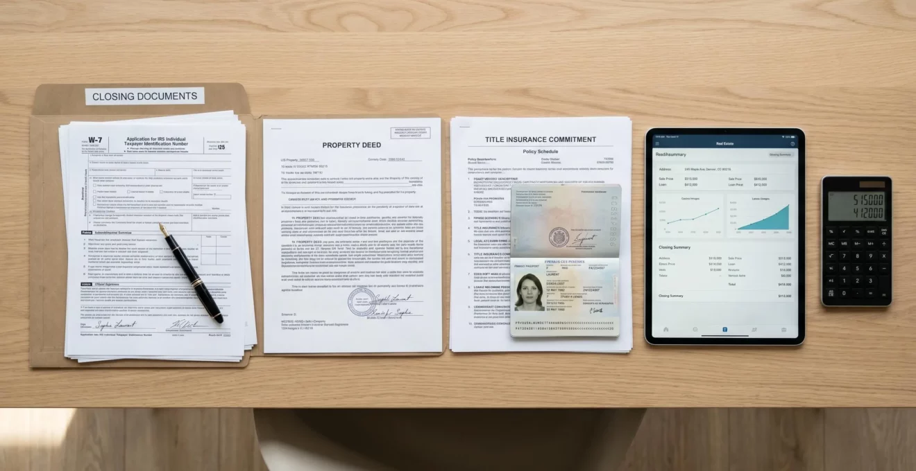 Vue de dessus d'un bureau professionnel avec formulaire W-7 IRS, acte de propriété américain, passeport français et documents administratifs requis pour achat immobilier aux USA