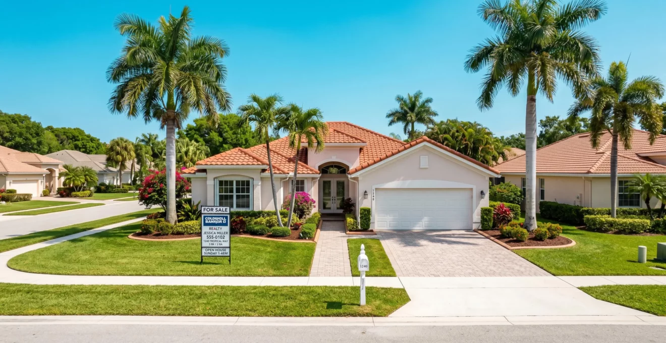 Villa contemporaine à un étage typique de Floride avec façade couleur pastel, palmiers royaux et panneau immobilier 'For Sale' dans un quartier résidentiel ensoleillé