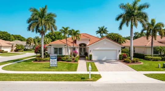 Villa contemporaine à un étage typique de Floride avec façade couleur pastel, palmiers royaux et panneau immobilier 'For Sale' dans un quartier résidentiel ensoleillé