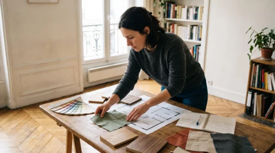 Une femme en reconversion dispose des échantillons de tissus, de matériaux et des plans d'aménagement sur une table de travail lumineuse pour construire un projet de décoration.